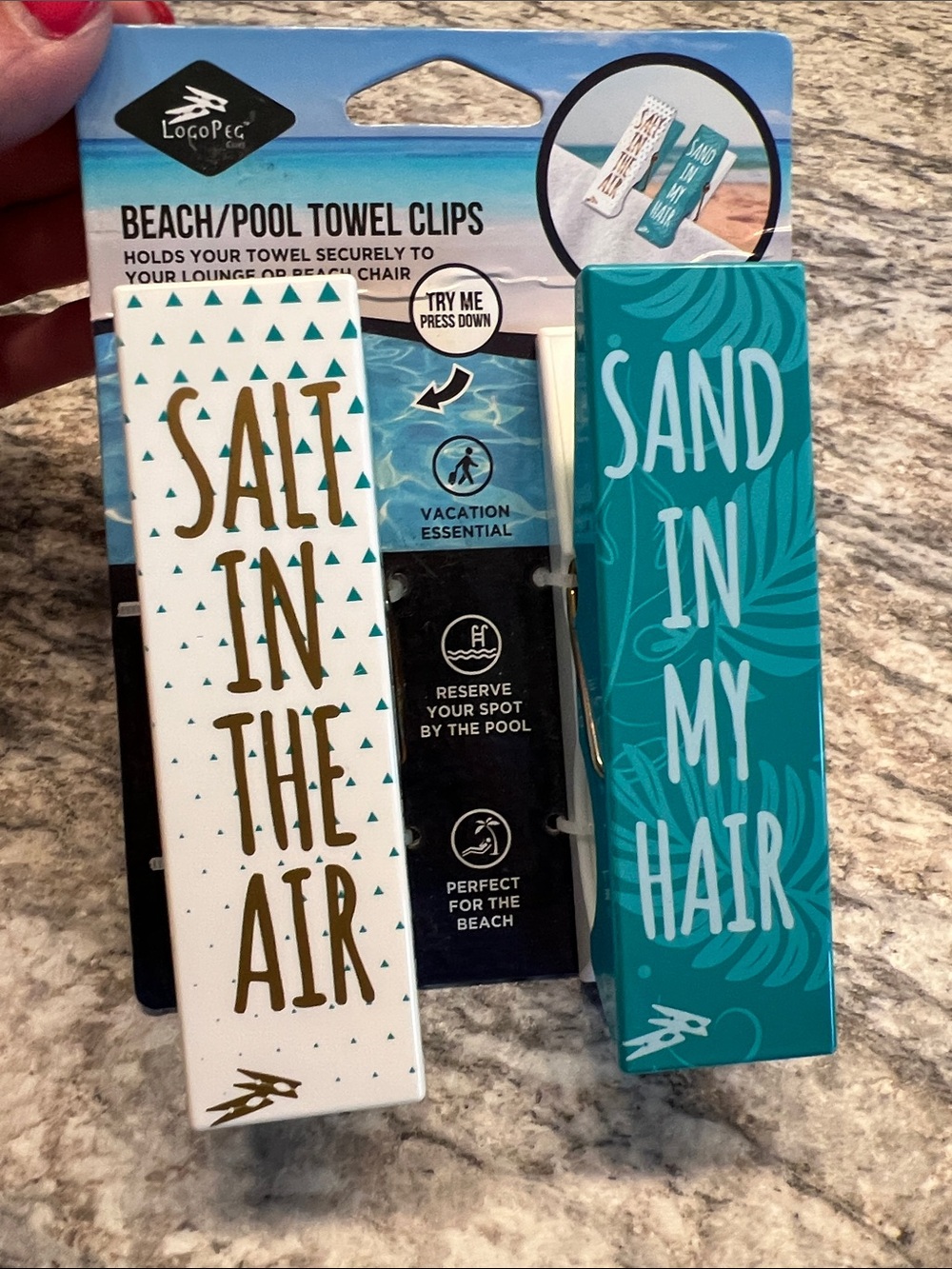 Beach Pool Towel Clips Set of 2 “Salt in the Air" & "Sand in My Hair" NIP